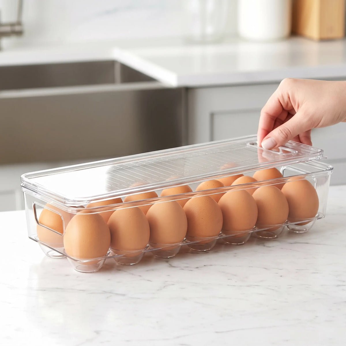 Clear Stackable Fridge Egg Tray Holder with Lid and Handle