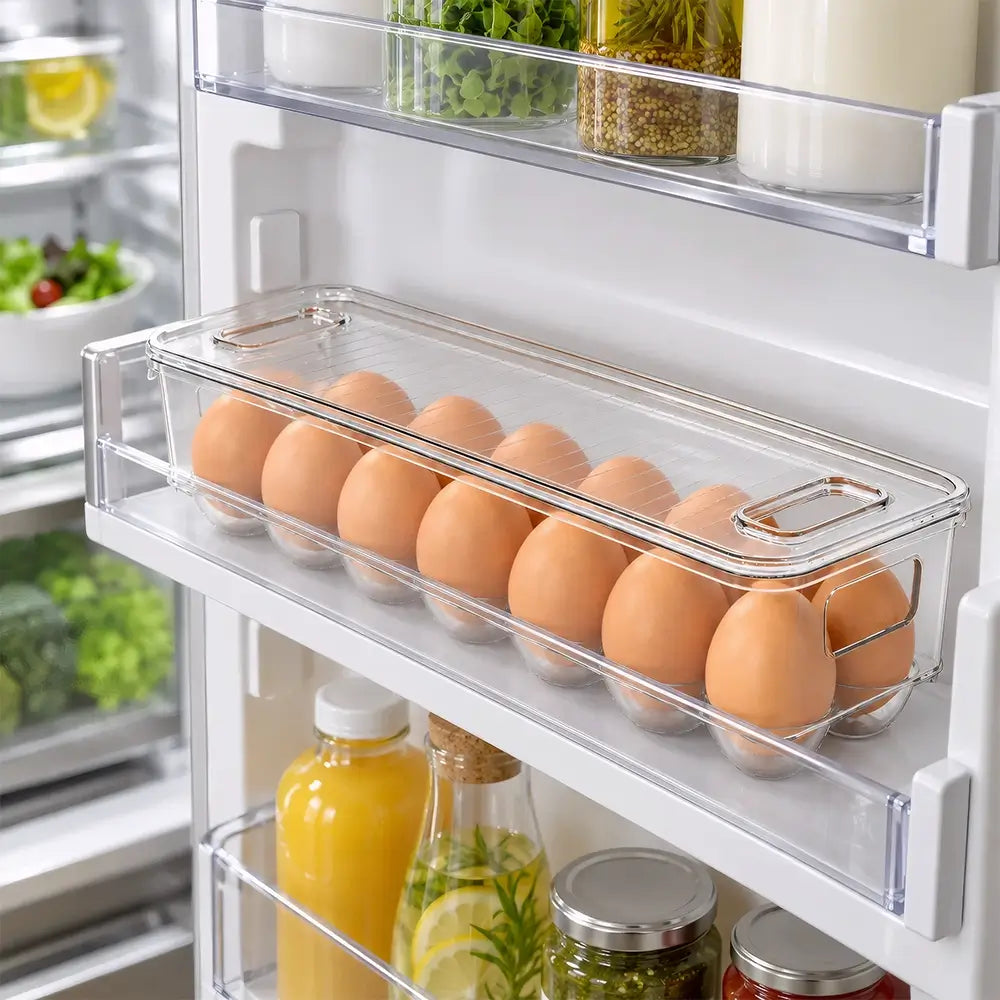 Clear Stackable Fridge Egg Tray Holder with Lid and Handle